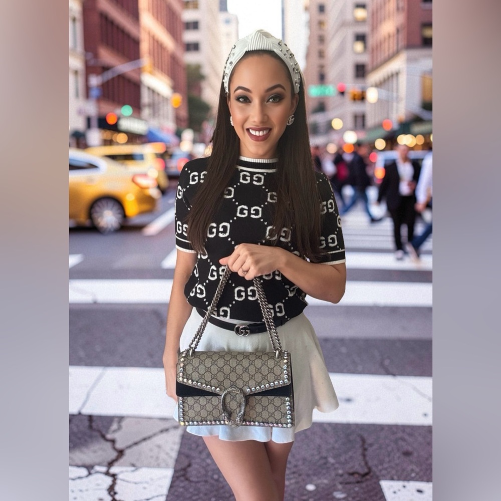 Gucci Beige and Black Monogram Crystal Dionysus Small Shoulder Bag - Picture 5 of 17
